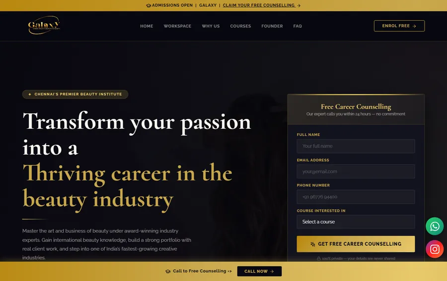 Galaxy Beauty Academy homepage screenshot